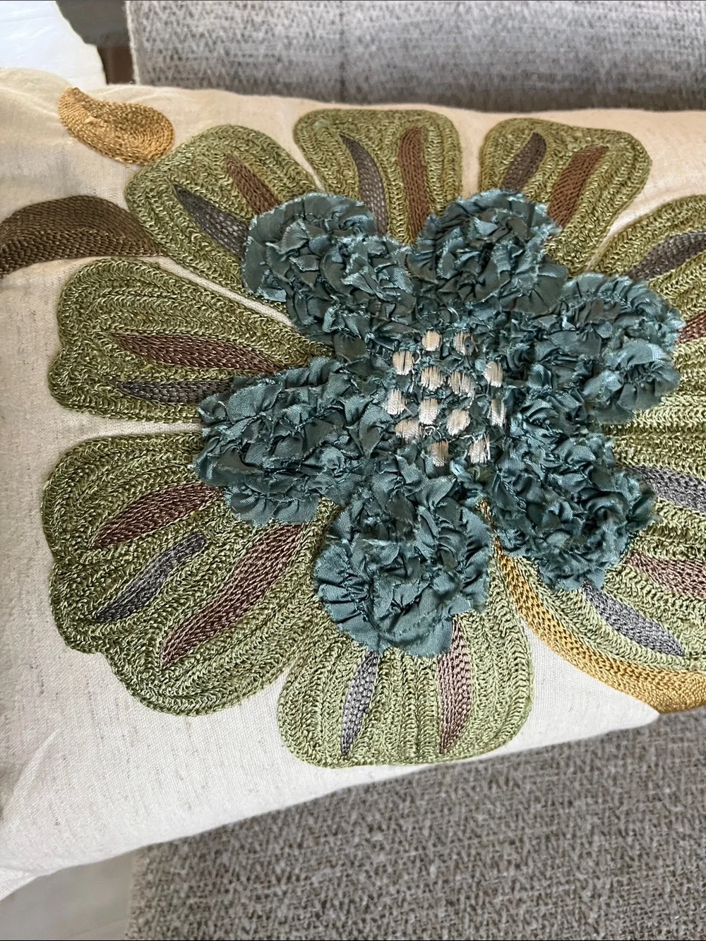 Pier 1 floral embroidered textured  boho lumbar pillow olive teal ribbon trim